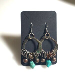 Oxidized Brass Turquoise Drop Earrings Rustic Beaded Boho Style Handmade Jewelry